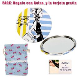 Espejo de chapa barato con dibujo de mujer, con rayas azules y amarillas