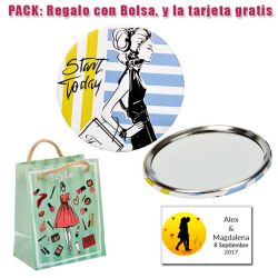 Espejo de chapa barato con dibujo de mujer, con rayas azules y amarillas