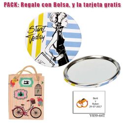 Espejo de chapa barato con dibujo de mujer, con rayas azules y amarillas