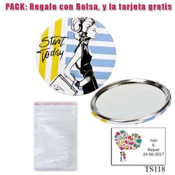 Espejo de chapa barato con dibujo de mujer, con rayas azules y amarillas