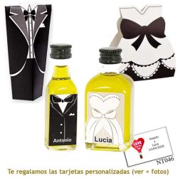 Botellitas de Aceite de Oliva para regalar en boda, con cajas de novio y novia a juego