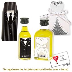 Botellitas de Aceite de Oliva para regalar en boda, con cajas de novio y novia a juego