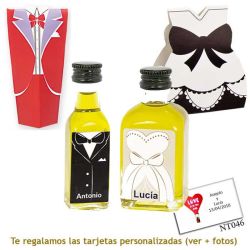 Botellitas de Aceite de Oliva para regalar en boda, con cajas de novio y novia a juego