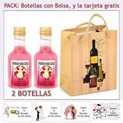 2 Botellitas de Licor de Fresas con Nata con bolsa y tarjeta