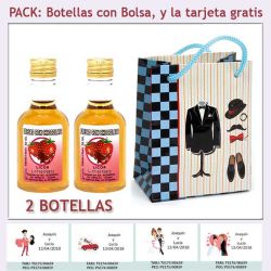 2 Botellitas de Licor de Fresas con Chocolate con bolsa y tarjeta