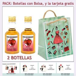 2 Botellitas de Licor de Fresas con Chocolate con bolsa y tarjeta