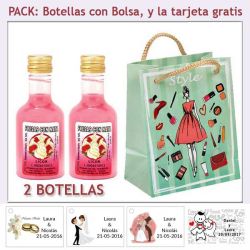 2 Botellitas de Licor de Fresas con Nata con bolsa y tarjeta