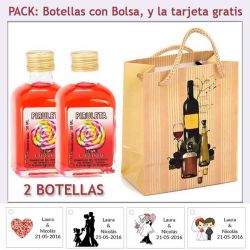 2 Botellitas de Licor Piruleta con bolsa "bodegón" y tarjeta