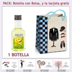 Botellita de Licor de Melón con bolsa "charlestón" y tarjeta