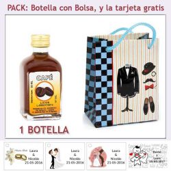 Botellita de Licor de Café con bolsa "charlestón" y tarjeta