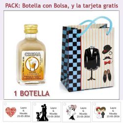 Botellita de Licor de Crema con bolsa "charlestón" y tarjeta