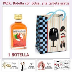 Botellita de Pacharán con bolsa "charlestón" y tarjeta