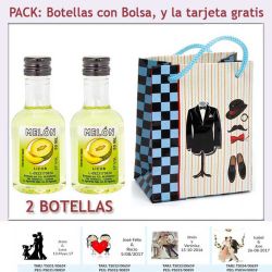 2 Botellitas de Licor de Melón con bolsa "charlestón" y tarjeta