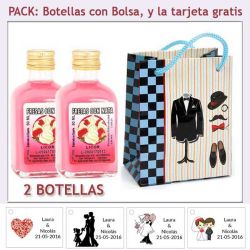 2 Botellitas de Licor de Fresas con Nata con bolsa "charlestón" y tarjeta