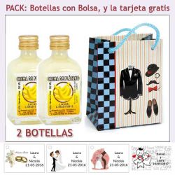 2 Botellitas de Licor de Crema de Plátano con bolsa "charlestón" y tarjeta