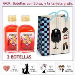 2 Botellitas de Licor Piruleta con bolsa "charlestón" y tarjeta