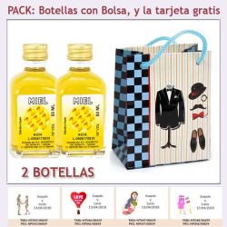 2 Botellitas de Ron Miel con bolsa "charlestón" y tarjeta