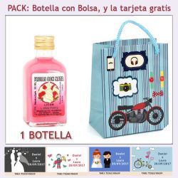 Botellita de Licor de Fresas con Nata con bolsa con moto roja y tarjeta