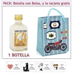 Botellita de Licor de Arroz con Leche con bolsa con moto roja y tarjeta