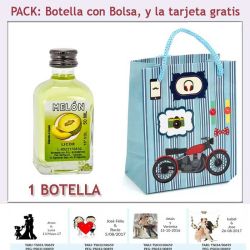 Botellita de Licor de Melón con bolsa con moto roja y tarjeta