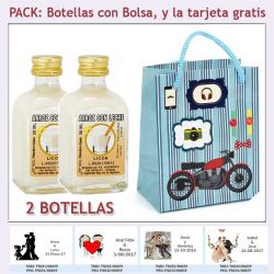 2 Botellitas de Licor de Arroz con Leche con bolsa con moto roja y tarjeta