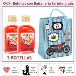 2 Botellitas de Licor Piruleta con bolsa con moto roja y tarjeta