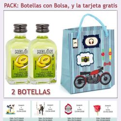 2 Botellitas de Licor de Melón con bolsa con moto roja y tarjeta
