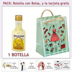 Botellita de Licor de Crema de Plátano con bolsa fashion con mujer y tarjeta