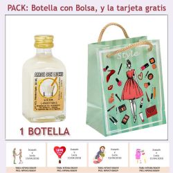 Botellita de Licor de Arroz con Leche con bolsa fashion con mujer y tarjeta