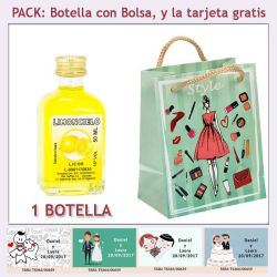 Botellita de Limoncielo con bolsa fashion con mujer y tarjeta