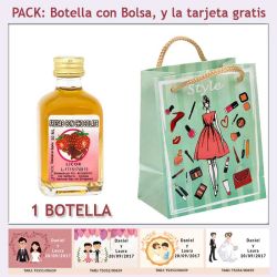 Botellita de Licor Fresas con Chocolate con bolsa fashion con mujer y tarjeta