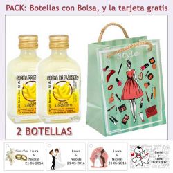 2 Botellitas de Licor de Crema de Plátano con bolsa fashion con mujer y tarjeta