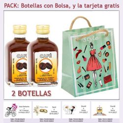 2 Botellitas de Licor de Café con bolsa fashion con mujer y tarjeta