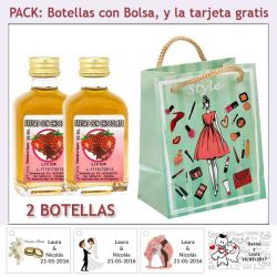 2 Botellitas de Licor Fresas con Chocolate con bolsa fashion con mujer y tarjeta