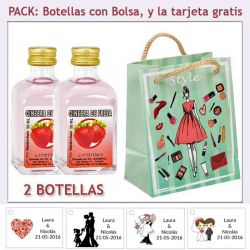 2 Botellitas de Ginebra de Fresa con bolsa fashion con mujer y tarjeta