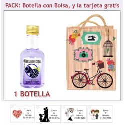 Botellita de Ginebra de Mora con bolsa vintage con bicicleta y tarjeta