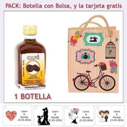 Botellita de Licor de Café con bolsa vintage con bicicleta y tarjeta