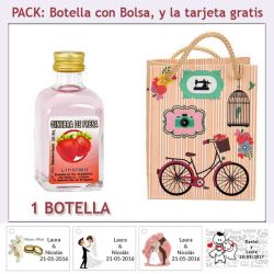 Botellita de Ginebra de Fresa con bolsa vintage con bicicleta y tarjeta