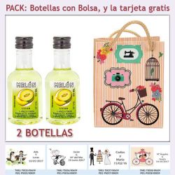 2 Botellitas de Licor de Melón con bolsa vintage con bicicleta y tarjeta