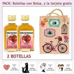2 Botellitas de Licor Fresas con Chocolate con bolsa vintage con bicicleta y tarjeta