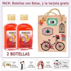 2 Botellitas de Licor Piruleta con bolsa vintage con bicicleta y tarjeta