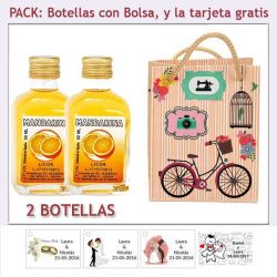 2 Botellitas de Licor de Mandarina con bolsa vintage con bicicleta y tarjeta
