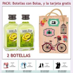 2 Botellitas de Licor de Melón con bolsa vintage con bicicleta y tarjeta