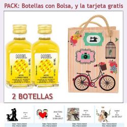 2 Botellitas de Ron Miel con bolsa vintage con bicicleta y tarjeta