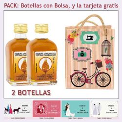 2 Botellitas de Vodka Caramelo con bolsa vintage con bicicleta y tarjeta