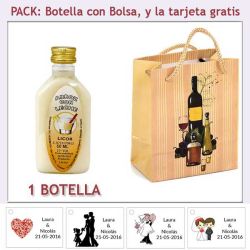 Botellita de Licor de Arroz con Leche con bolsa bodegón y tarjeta