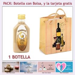 Botellita de Licor Crema con bolsa bodegón y tarjeta