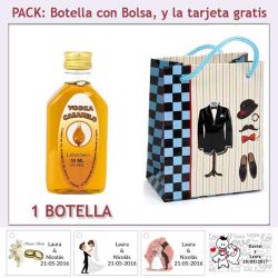 Botellita de Vodka Caramelo con bolsa charlestón y tarjeta