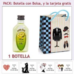 Botellita de Licor de Melón con bolsa charlestón y tarjeta