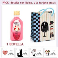 Botellita de Licor de Fresas con Nata con bolsa charlestón y tarjeta